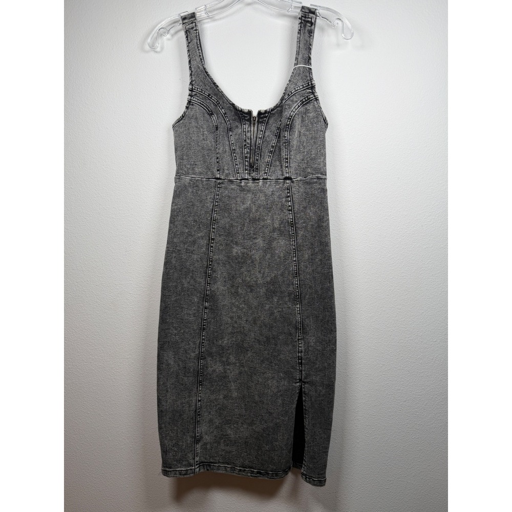 Utcoco Gray Acid Wash Denim Midi Dress Zip Front Corset Bodice Small NWT TikTok